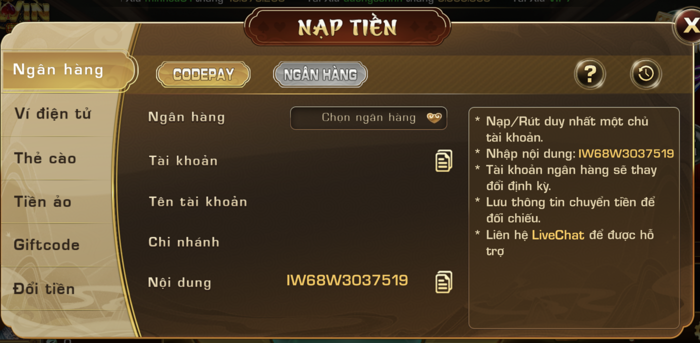 Nạp tiền tại Iwin club