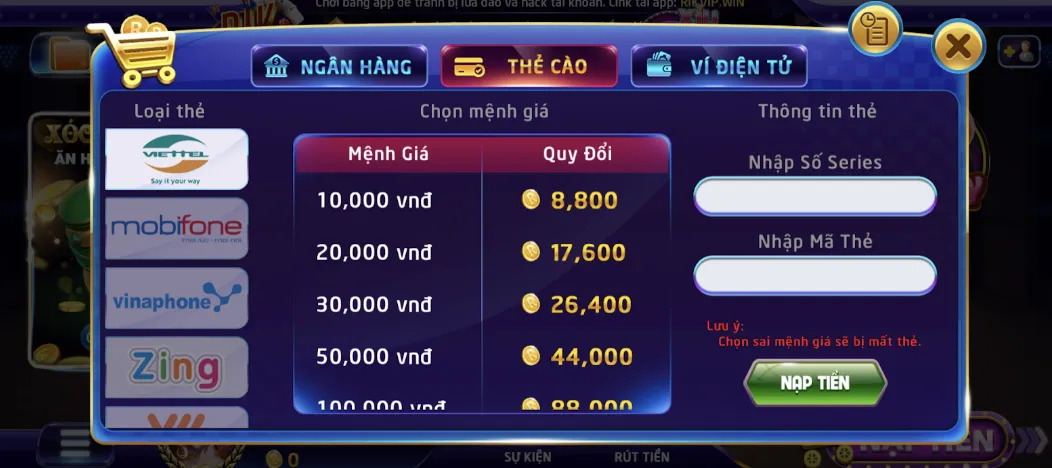 Nạp tiền qua thẻ cào